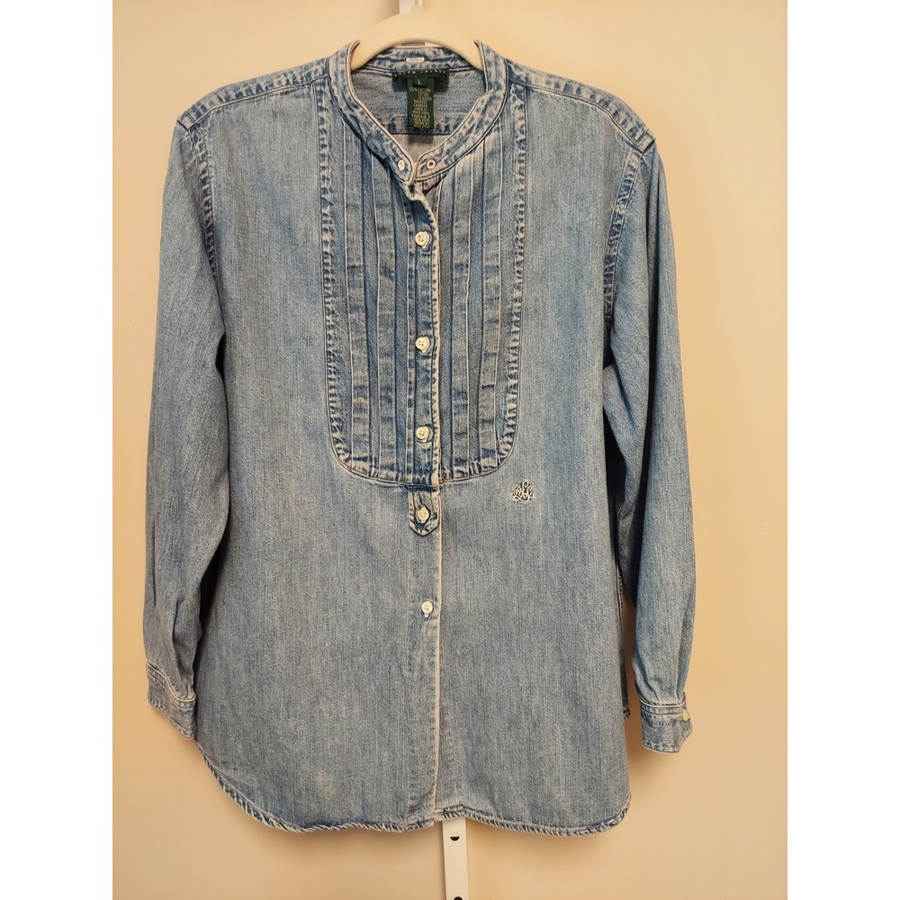 Lauren Ralph Lauren Denim Tuxedo Shirt Band Collar L Monogram Western Equestrian